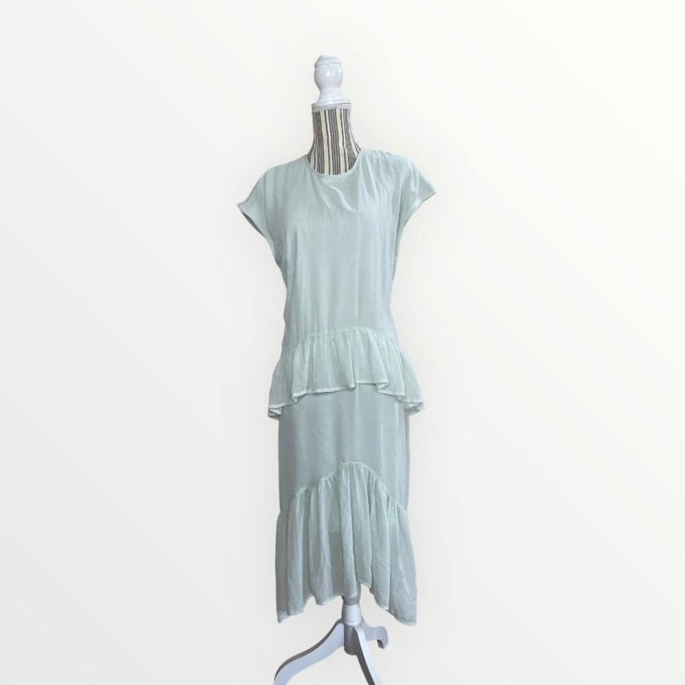 Vero Moda Pastel Midi Dress Ruffle Tiered Mint Green Lined Dress Size L - Picture 1 of 14
